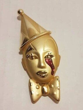 Vintage Gold Tone Crying/Sad Clown Brooch